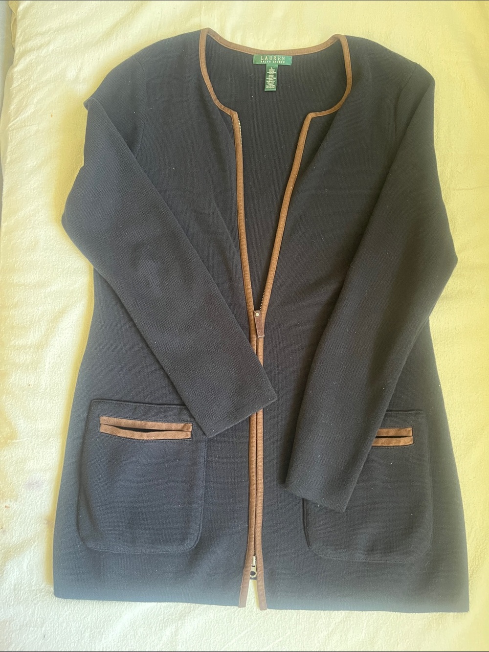 Lauren Ralph Lauren Navy Open-Front Jacket with Brown Trim